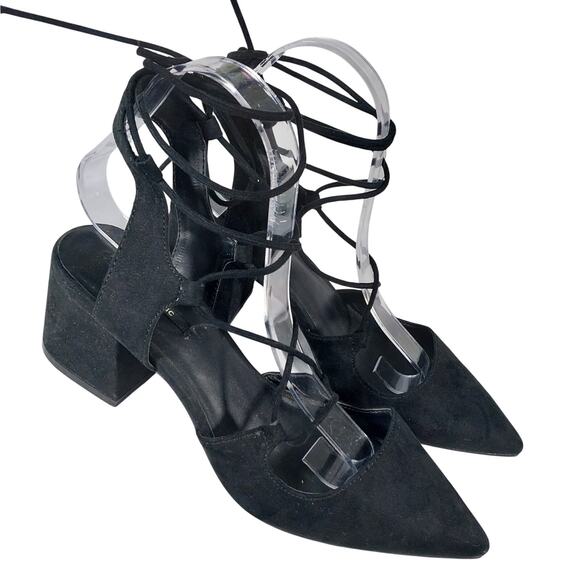 ZARA BASIC! BLACK GENUINE LEATHER CHUNKY HEEL POINTY, LACED ANKLE HEELS! SZ 8.5M - Picture 2 of 10